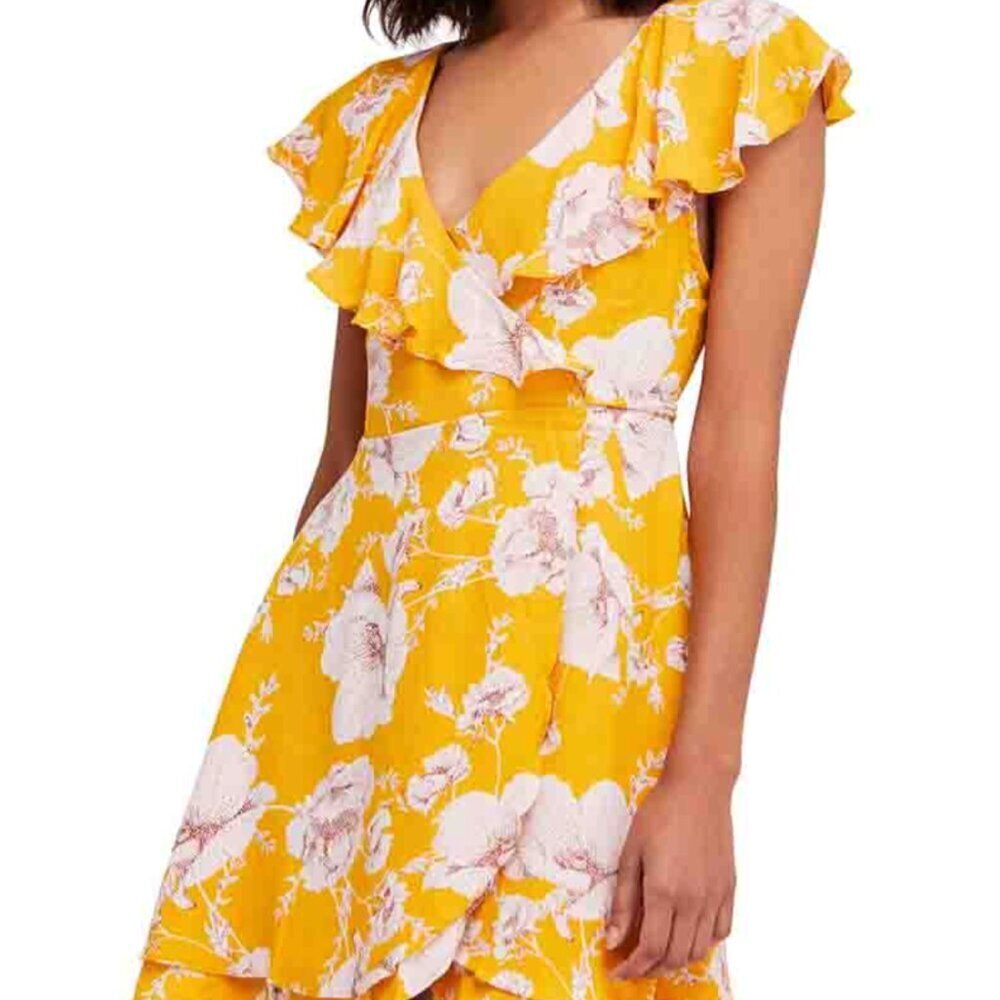 Free People French Quarter Mini Wrap Dress Floral Ruffle Tie Waist Yellow Small
